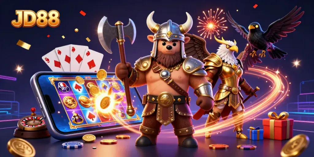 Engage with JD88 in this vibrant and dynamic casino illustration featuring playful characters and gaming elements.