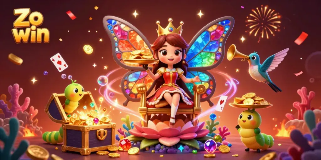 Engage in thrilling gameplay at Zo win with vibrant 3D scenes, celebrating a magical online gambling experience.
