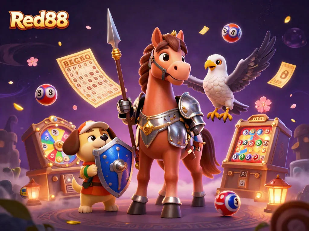 Engage with the vibrant world of Red88 through an enchanting 3D illustration of a knight, a puppy, and a falcon in a magical casino setting.