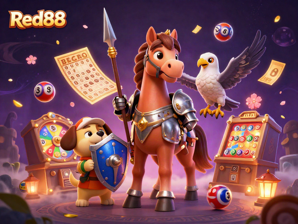 Engage with the vibrant world of Red88 through an enchanting 3D illustration of a knight, a puppy, and a falcon in a magical casino setting.