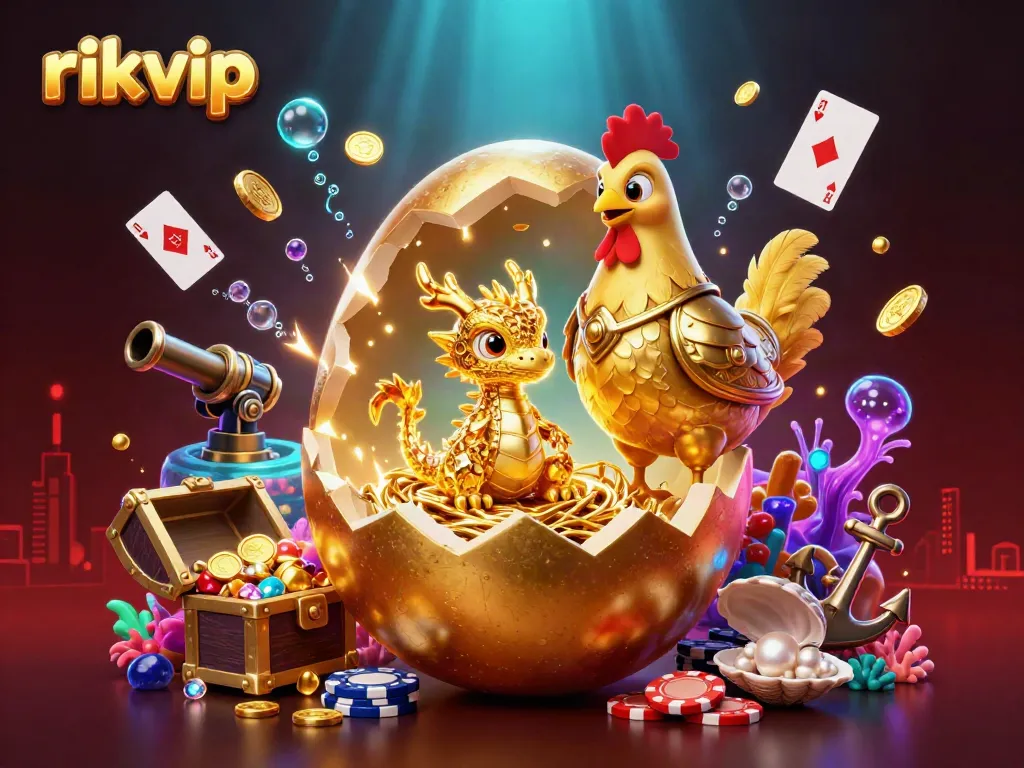 Experience thrilling gaming at rikvip with a spectacular golden dragon and poker chips.