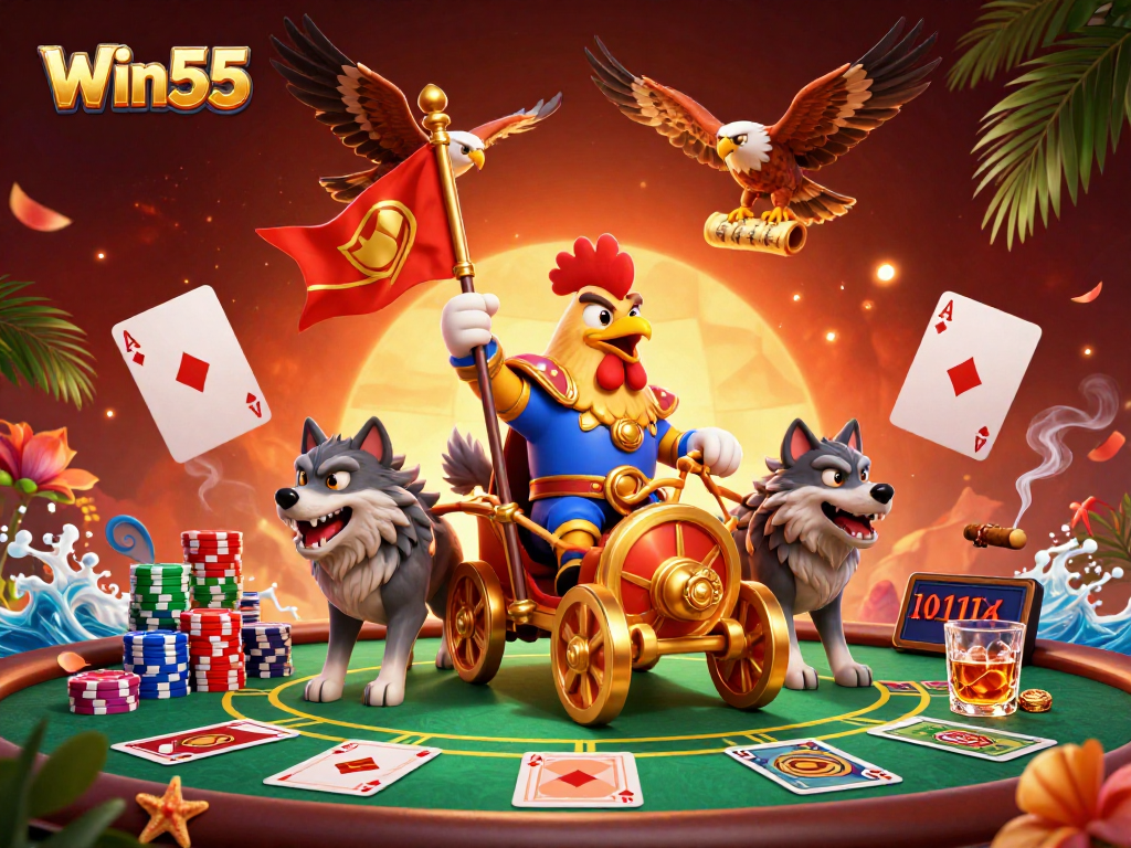 Win55 features a 3D rooster warlord amidst a vibrant poker scene, inviting players to rich gameplay.