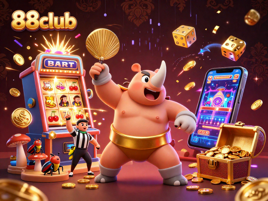 Experience the excitement at 88club with a dynamic scene of a sumo champion beetle celebrating amidst jackpot wins.