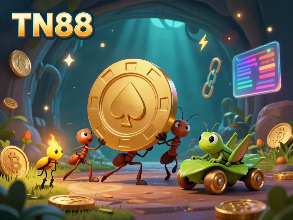 Exciting scene of ants pulling a giant golden poker chip under TN88 branding, filled with vibrant crypto elements.