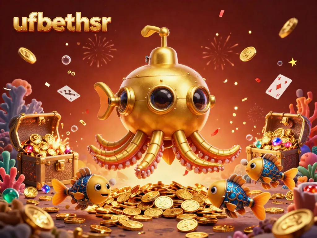 Experience thrilling gameplay with ufabethsr, showcasing a golden kraken submarine amidst exploding treasure and vibrant casino elements.