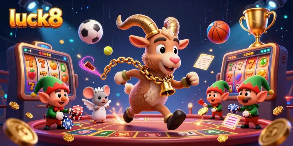 Luck8 features a playful casino scene with a Krampus goat and gremlins amid dynamic action and gaming elements.