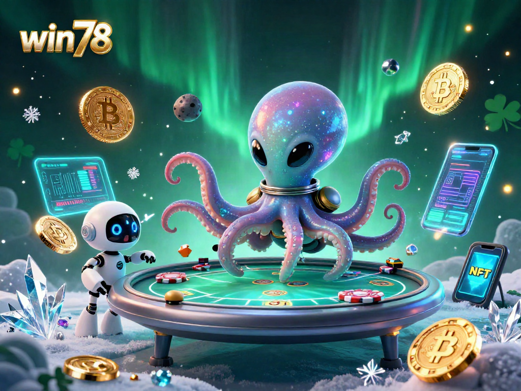 win78 reveals an alien octopus at a holographic poker table, creating a vibrant casino atmosphere