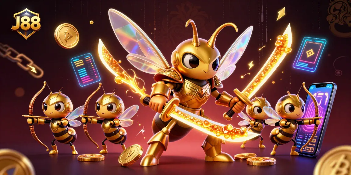 Experience thrilling gameplay with J88, as golden hornets wielding katanas bring vibrant cryptocurrency elements to life.