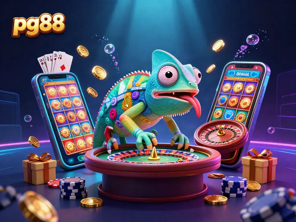 Spin the reels at pg88's vibrant casino with a colorful chameleon capturing golden coins!