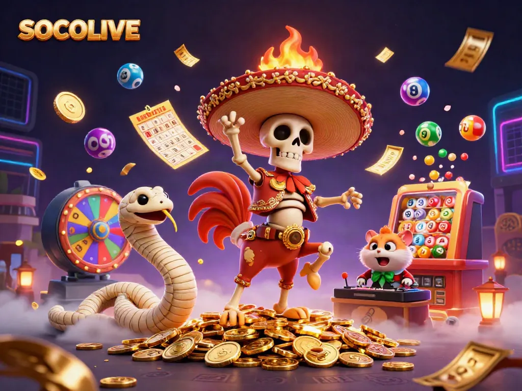 SOCOLIVE offers vibrant 3D illustration of a mariachi skeleton celebrating amidst dynamic lottery elements and golden coins.