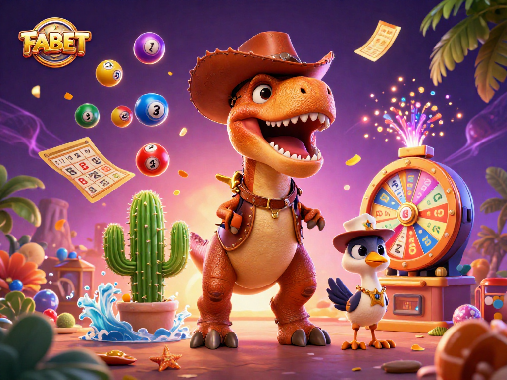 Experience winning moments with FABET as colorful slots and cash prizes burst around vibrant characters.