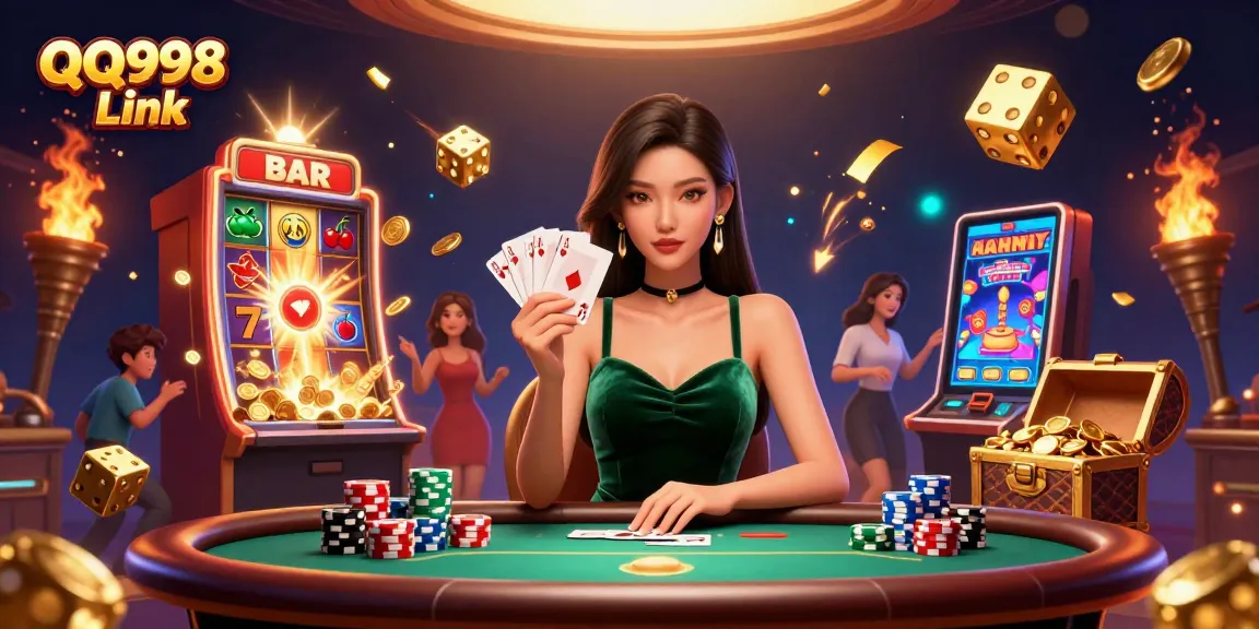 Experience the thrill of QQ998 Link with an elegant poker scene and stunning casino elements.