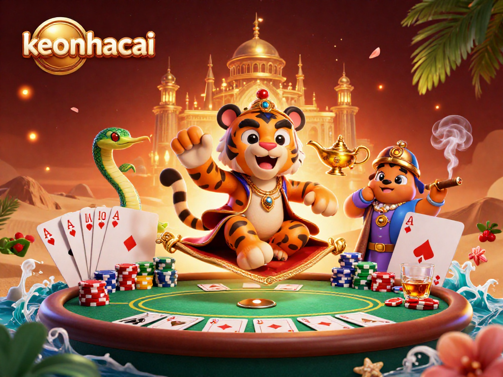 Engage in keonhacai's vibrant desert casino scene with a tiger sultan on a flying carpet amidst poker elements.