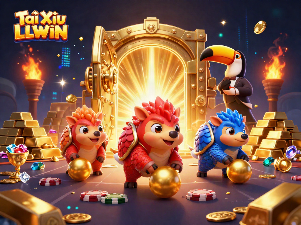 Winning strategies at Tài Xỉu LLWIN with dynamic pangolin characters amidst a vibrant casino scene.