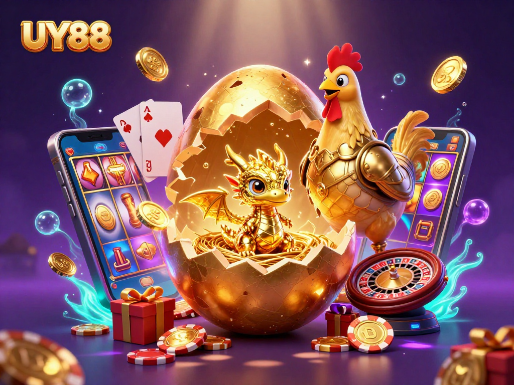 Experience thrilling games at UY88 with a vibrant illustration showcasing golden adventures in a casino world.