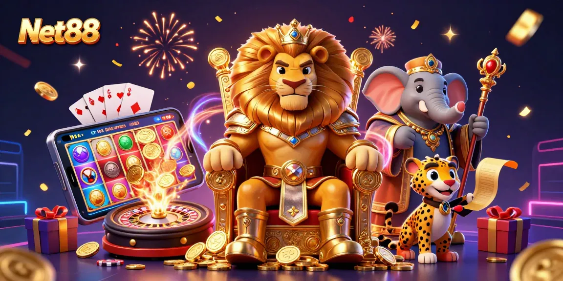 Experience thrilling slots and golden wins at Net88 with this vibrant 3D casino scene.