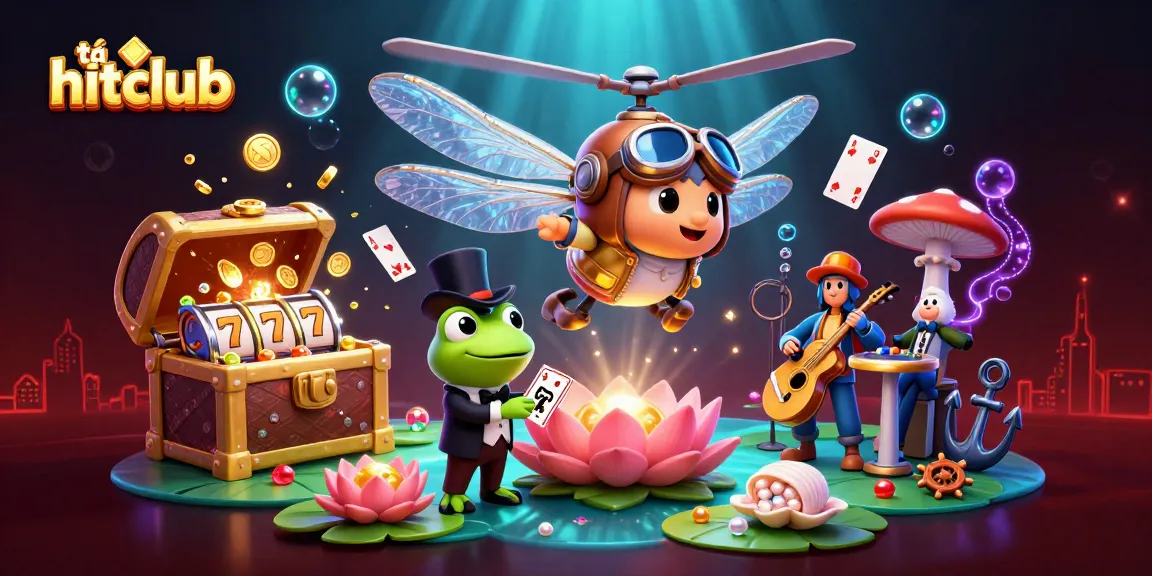 Experience exciting gaming action with tải hitclub at a vibrant lily pad casino featuring a dynamic dragonfly pilot and entertaining frog croupier.