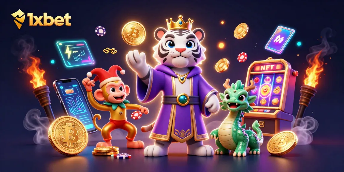 Experience 1xbet's vibrant casino world with a royal white tiger, a jester monkey, and a jade dragon amidst crypto elements.