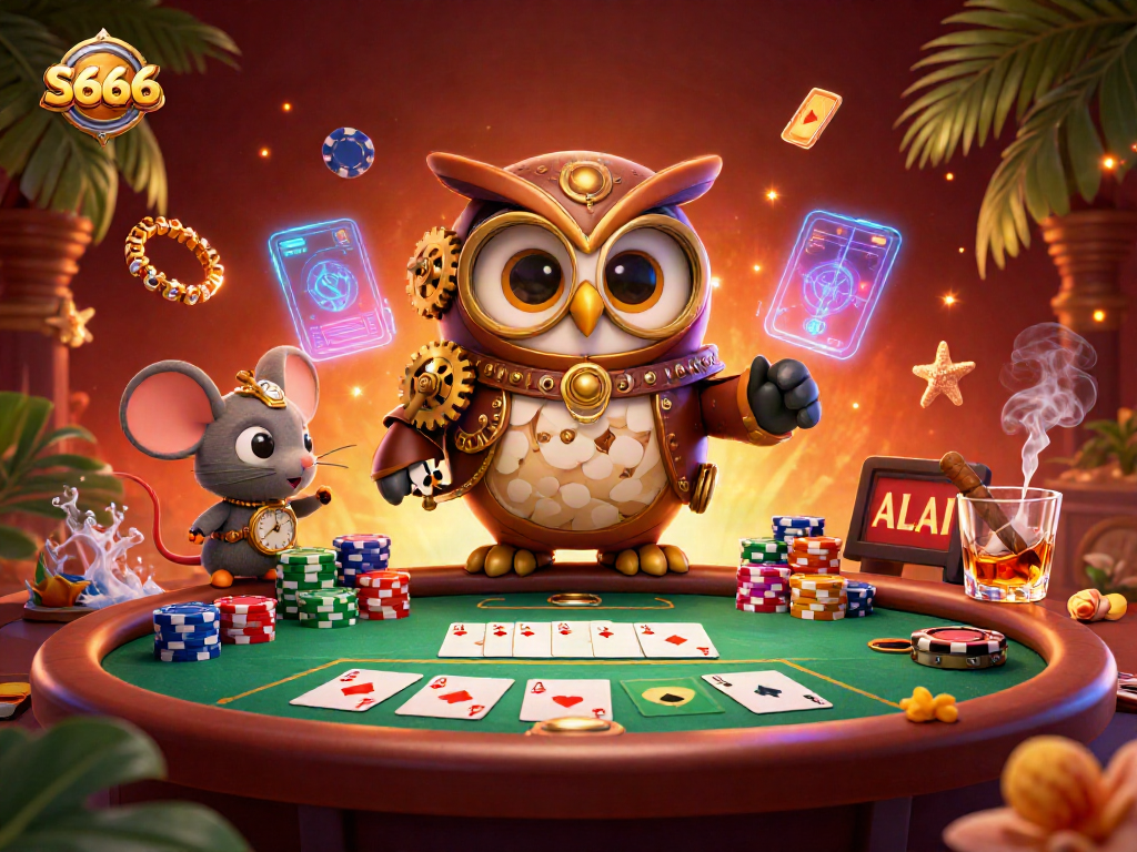 S666 captures thrilling poker action with steampunk characters in a vibrant casino setting.