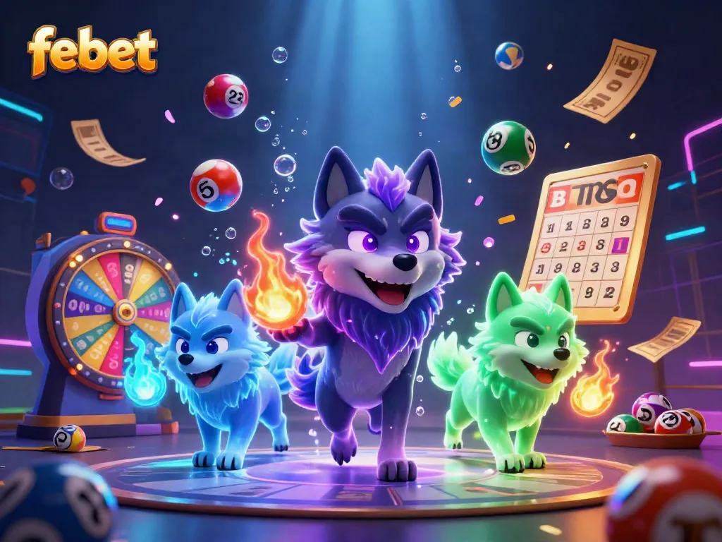 Experience the thrill of febet with vibrant illustrations of a wolf pack leader amidst dynamic gaming elements.