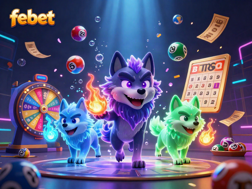 Experience the thrill of febet with vibrant illustrations of a wolf pack leader amidst dynamic gaming elements.