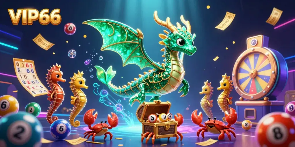 Engage with VIP66's thrilling lottery games featuring vibrant dragon and treasure visuals.