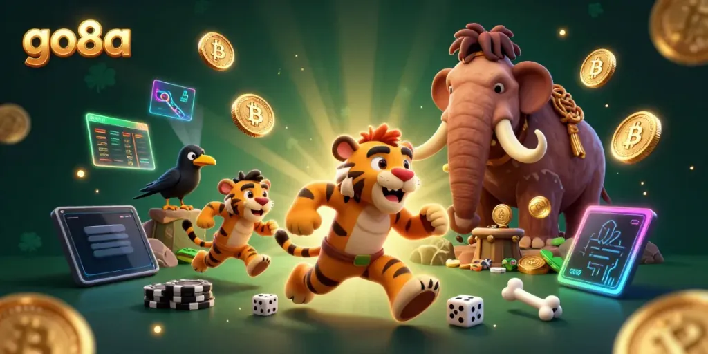 Experience thrilling gaming at go8a's vibrant prehistoric casino with wild characters and crypto elements.