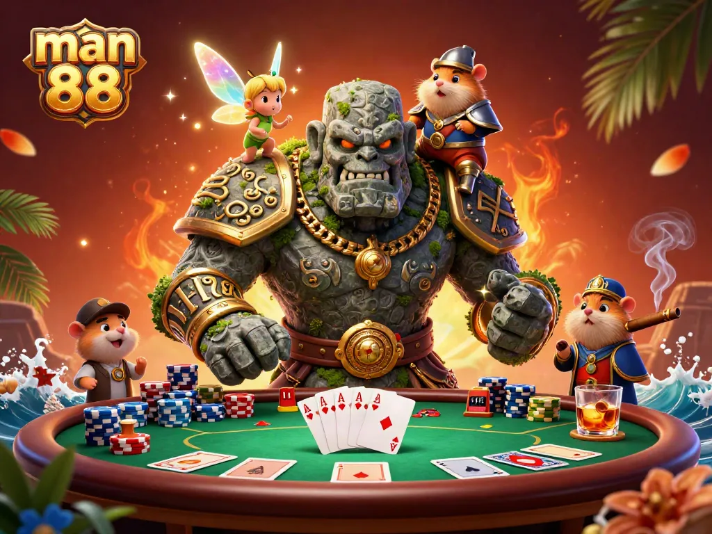 Engage with man 88 as a magical scene unfolds with a golem, fairy, and hamster knight at a poker table.