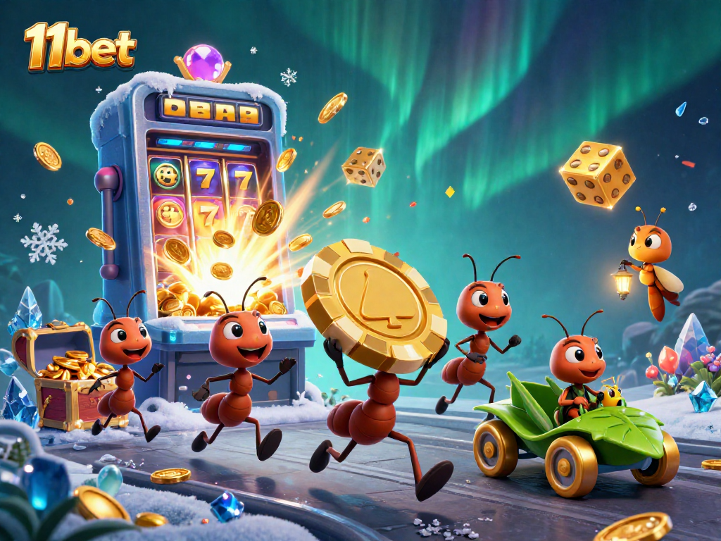 Join the 11bet heist with ants carrying a giant poker chip through a vibrant casino scene.