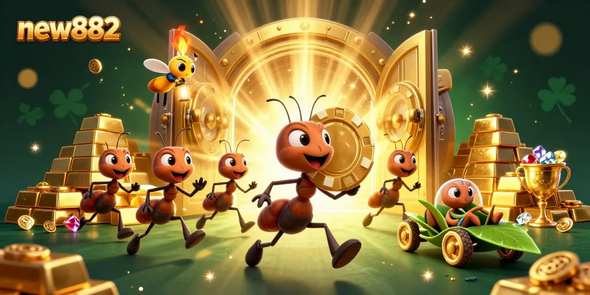 Experience the thrill of winning with new882 as whimsical ants carry a giant poker chip amid gleaming treasures.