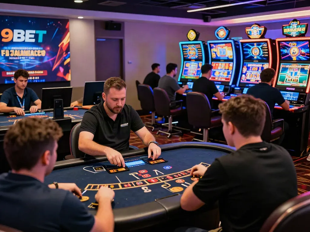 Engaged players at 9bet.com online casino, enjoying blackjack and slots in a vibrant gaming environment.