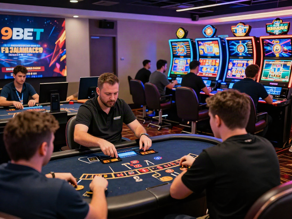 Engaged players at 9bet.com online casino, enjoying blackjack and slots in a vibrant gaming environment.