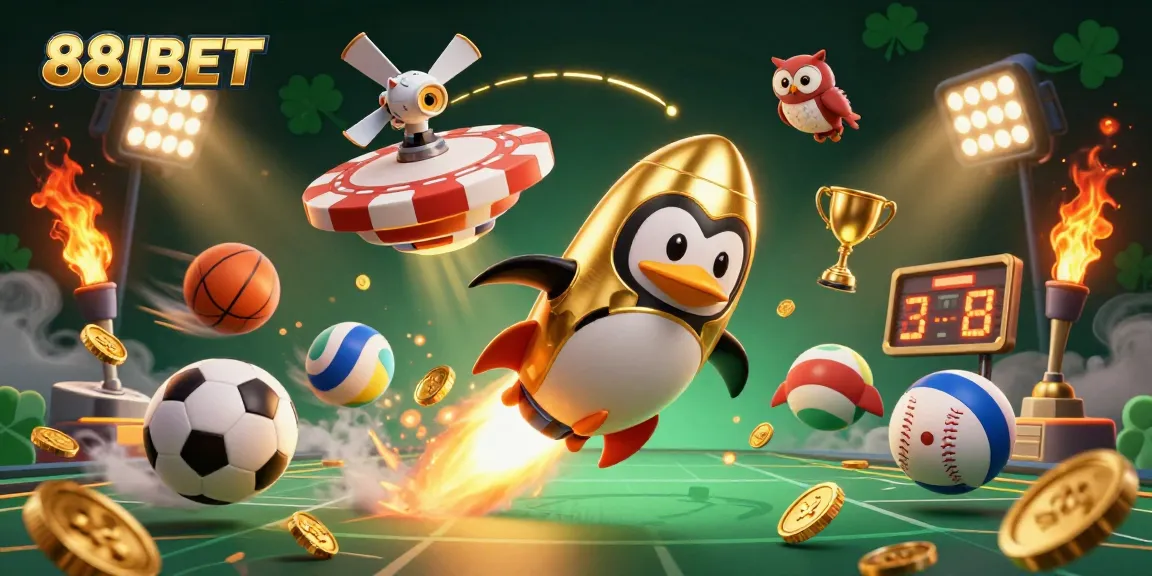 Witness the golden penguin of 88IBET blasting through space amidst vibrant casino elements and sports action.