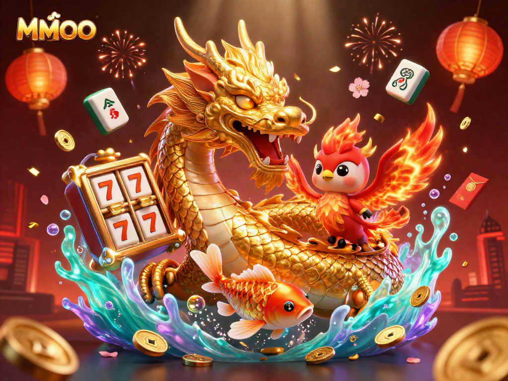 Experience thrills with MMOO’s dazzling casino adventure illustrated by a golden dragon, fiery phoenix, and koi fish.