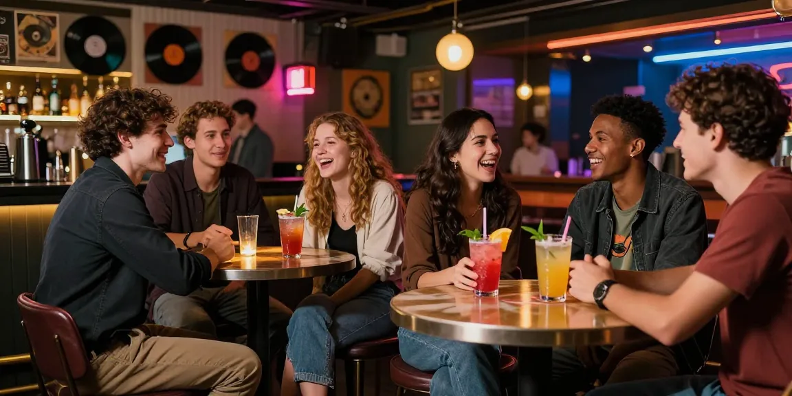 Dynamic urban nightlife with diverse friends enjoying cocktails discussing ai slut trends.