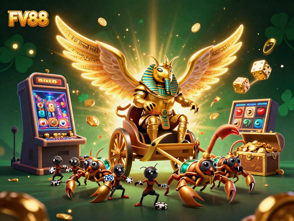 Experience the thrill of FV88 with a vibrant casino scene showcasing jackpot excitement and dynamic characters.