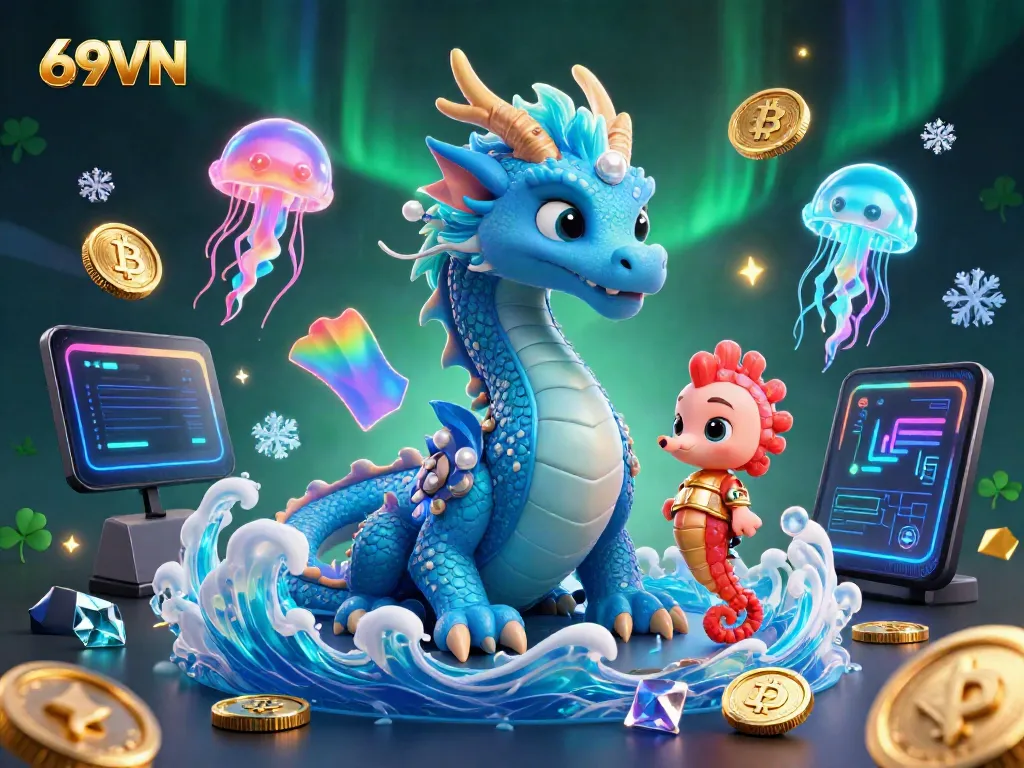 Experience the excitement of 69VN as you join a mythical water dragon and seahorse knight in an energetic gambling adventure.