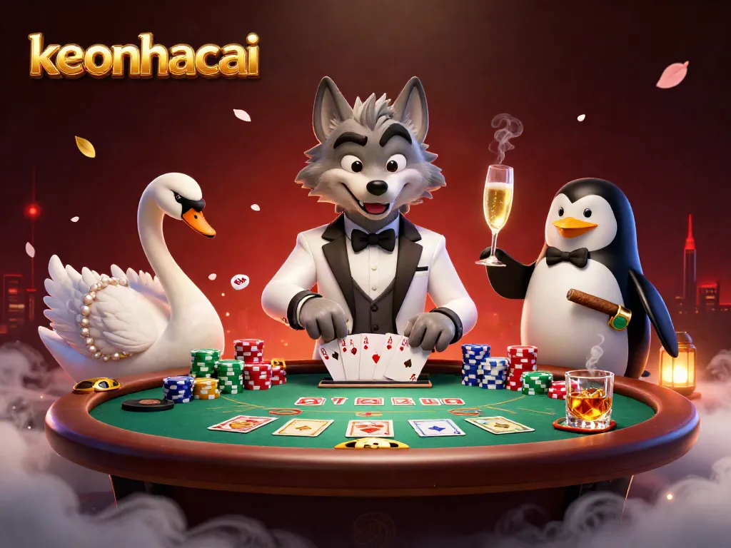 Place bets on keonhacai with a debonair wolf and elegant figures in a vibrant casino scene.