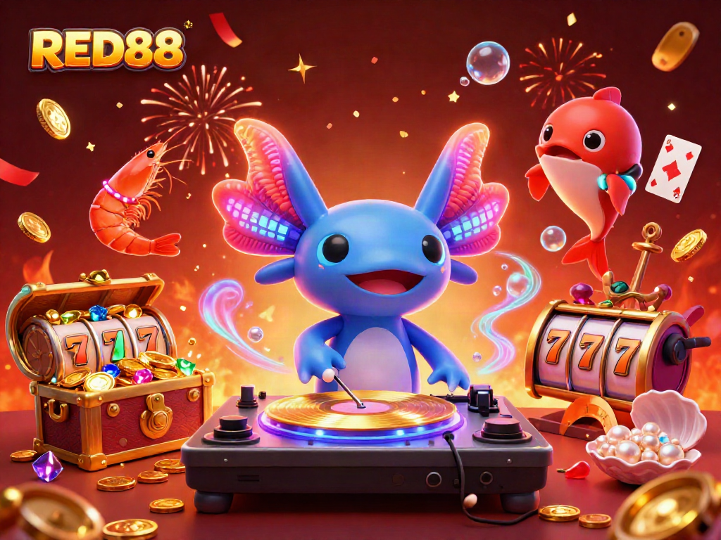 Engaging RED88 casino scene with a vibrant axolotl DJ, treasure, and slot symbols.