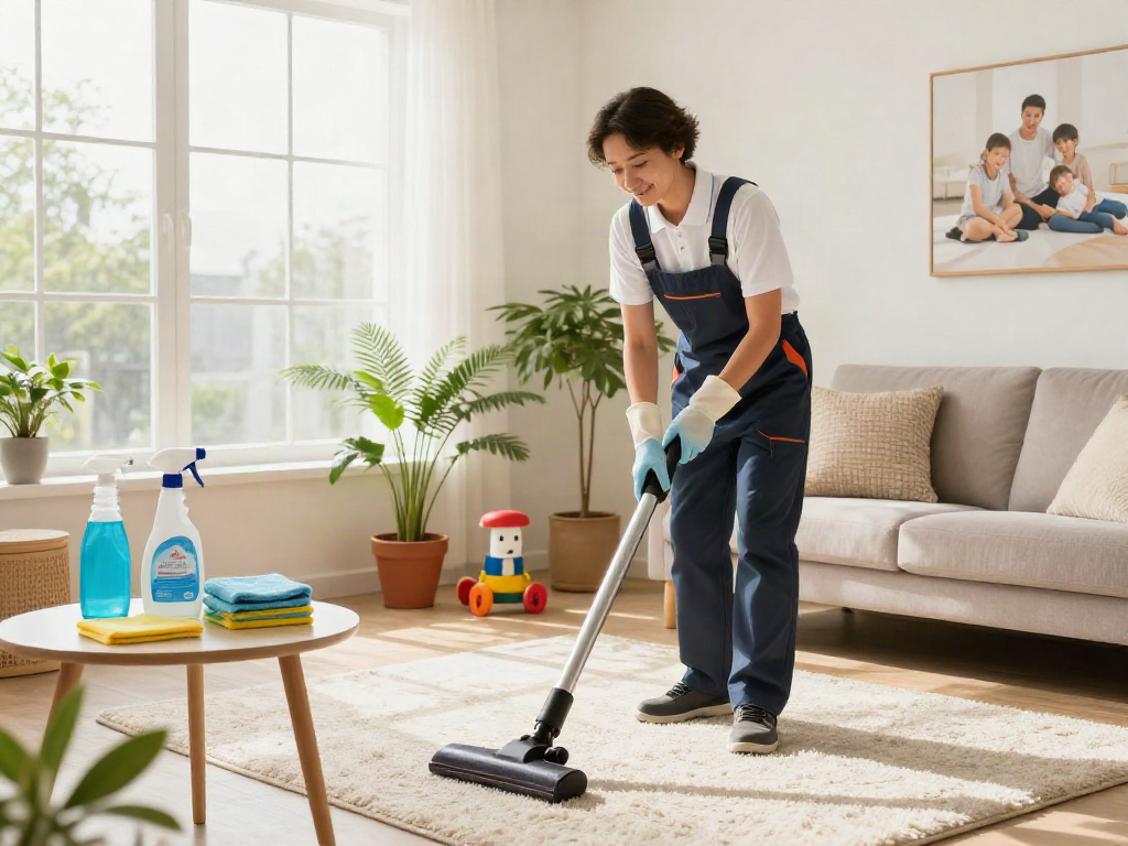 Cleaner using depo 10k services to maintain a bright living room while vacuuming the plush area rug.