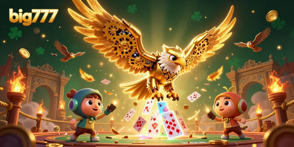 big777 showcases a cybernetic eagle diving through holographic cards in a vibrant casino scene