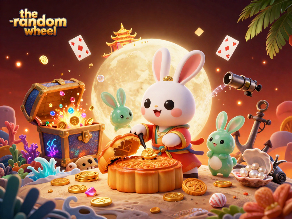 The-random-wheel showcases a dynamic scene with a moon rabbit and gaming elements to enhance online gambling experience.