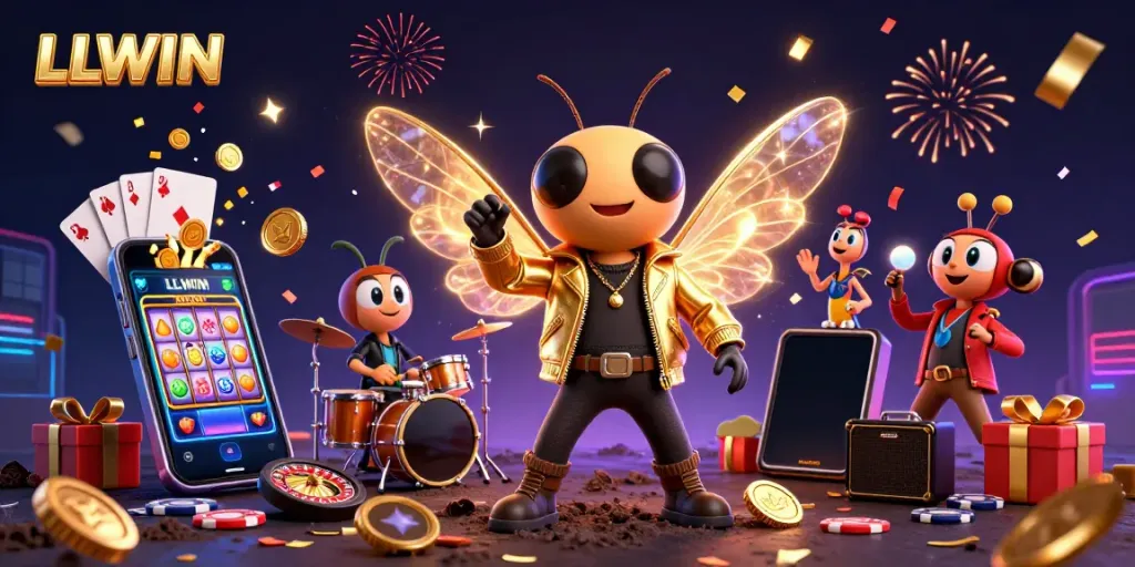 Experience the thrill of LLWIN with a vibrant casino scene featuring dynamic 3D characters and exciting gaming elements.