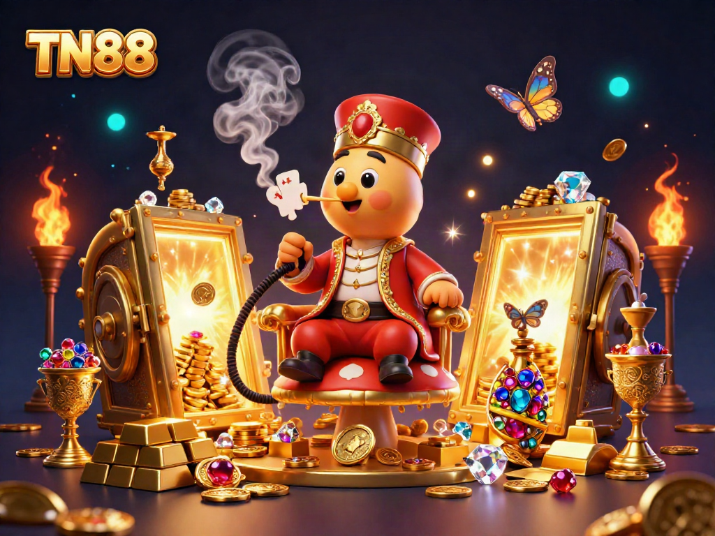 Experience the thrill of TN88 with a captivating 3D scene featuring gambling symbols and vibrant treasures.