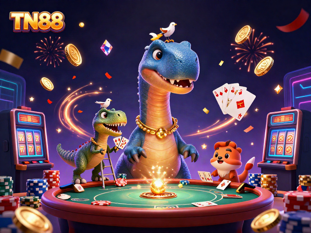 Experience thrilling gameplay at TN88 with a towering brontosaurus in a vibrant casino scene filled with gold and excitement.
