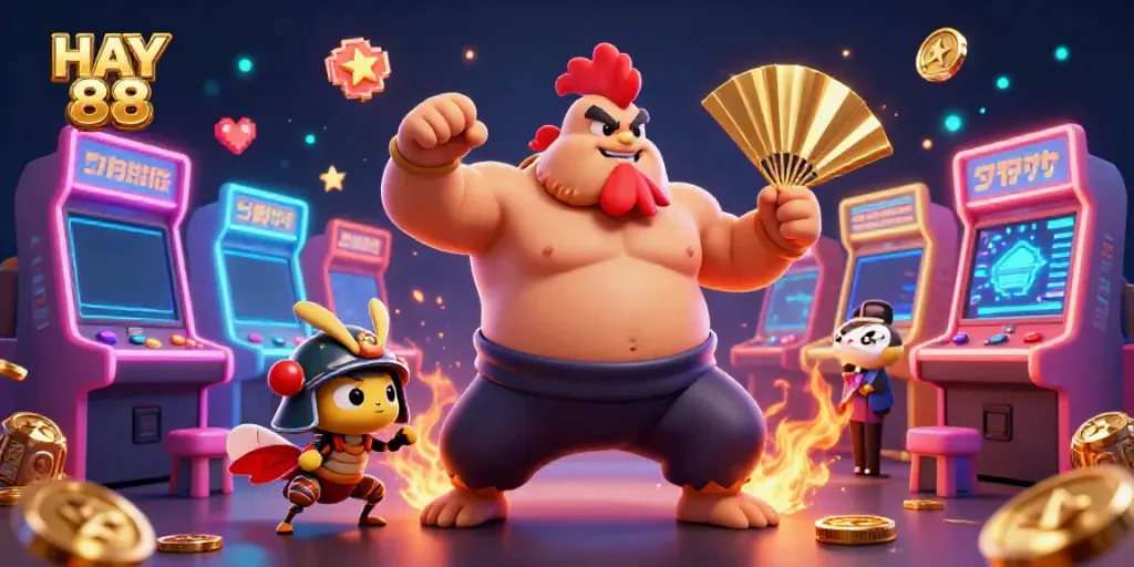 Experience vibrant casino action with HAY 88 in a dynamic cartoon scene featuring a sumo wrestler rooster, samurai cricket, and tanuki announcer.
