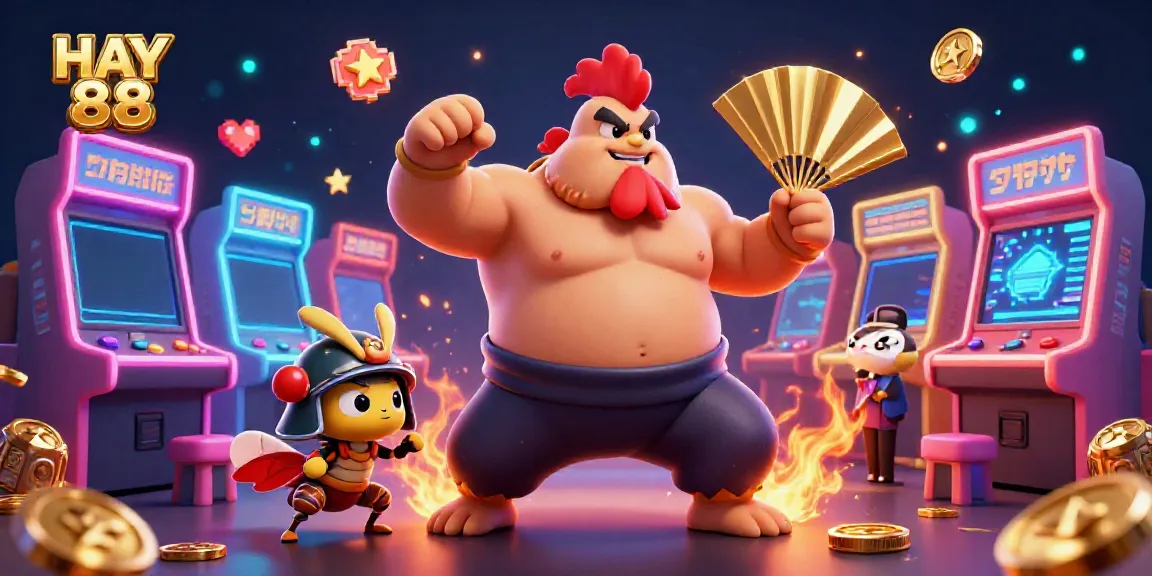 Experience vibrant casino action with HAY 88 in a dynamic cartoon scene featuring a sumo wrestler rooster, samurai cricket, and tanuki announcer.