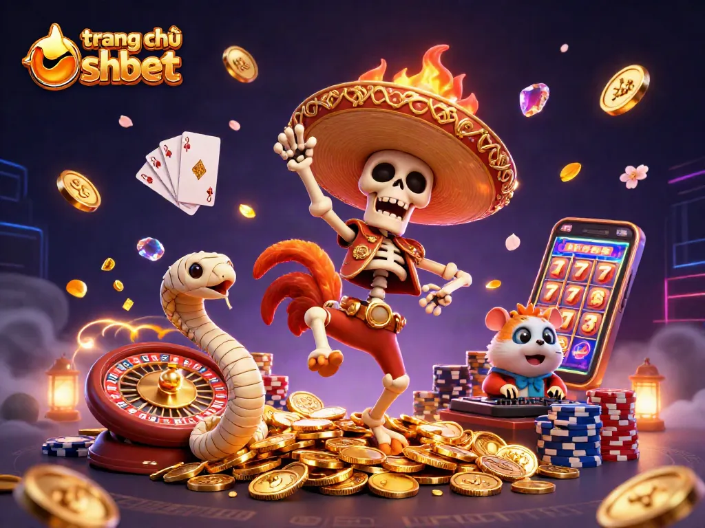 Engage with thrilling games on trang chủ shbet, featuring vibrant casino characters amidst golden icons.