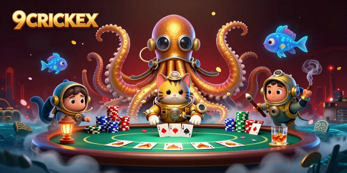 Play and win with 9CRICKEX; a vibrant underwater casino adventure illustration.