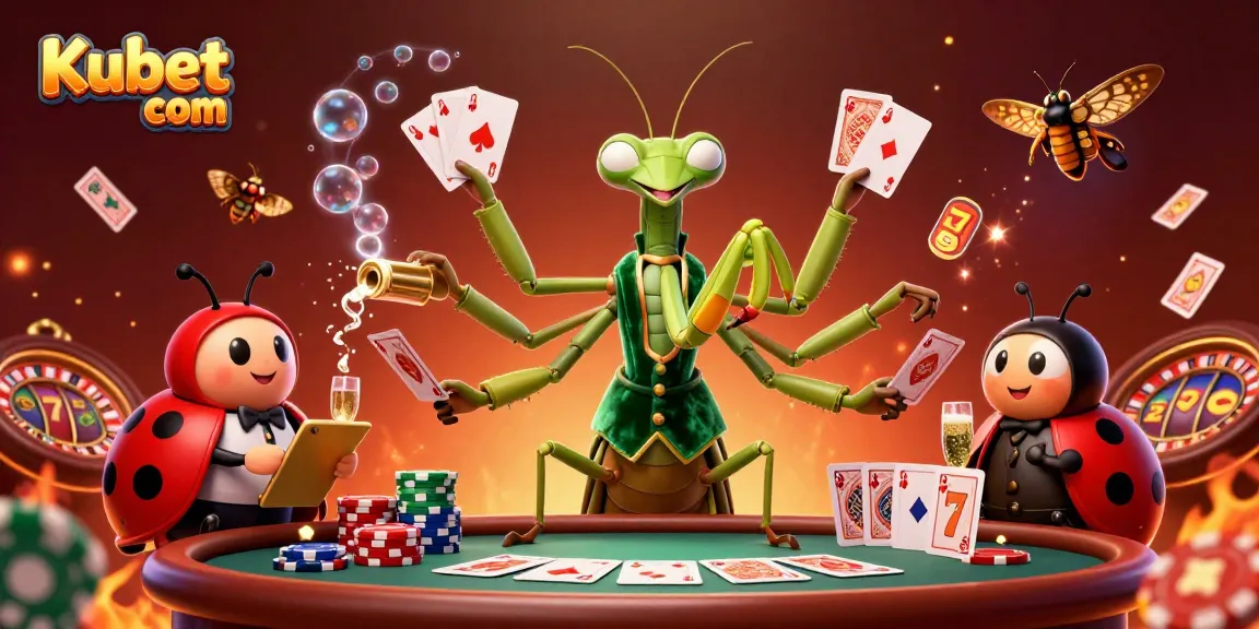Experience the excitement of Kubet com with an animated mantis card sharp in a vibrant casino scene.